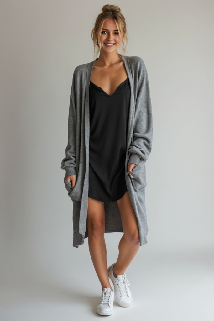 Black Retro Slip Dress + Knit White Cardigan